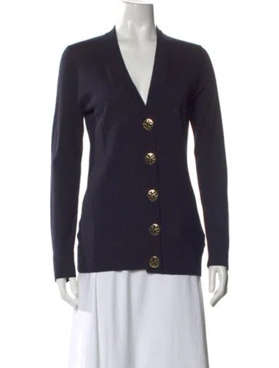 Pre-owned Tory Burch Merino Wool V-neck Sweater In Blue
