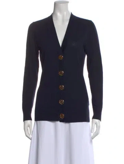 Pre-owned Tory Burch Merino Wool V-neck Sweater In Blue