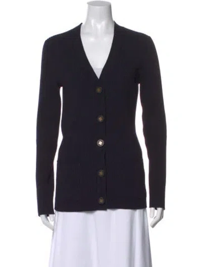 Pre-owned Tory Burch Merino Wool V-neck Sweater In Blue