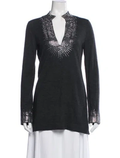 Pre-owned Tory Burch Merino Wool V-neck Sweater In Blue
