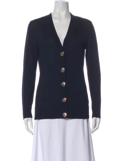 Pre-owned Tory Burch Merino Wool V-neck Sweater In Blue