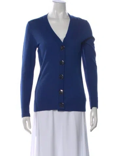 Pre-owned Tory Burch Merino Wool V-neck Sweater In Blue