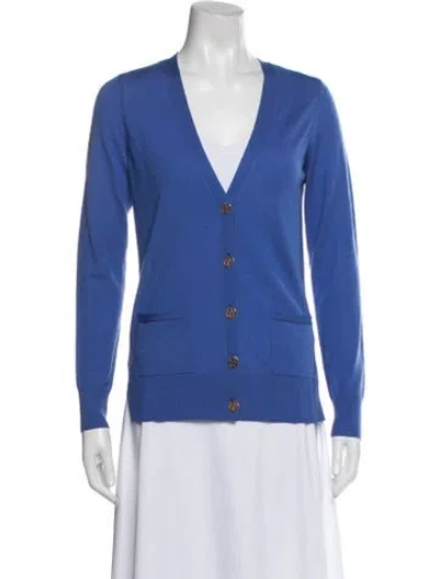 Pre-owned Tory Burch Merino Wool V-neck Sweater In Blue