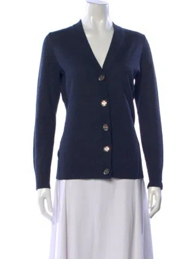 Pre-owned Tory Burch Merino Wool V-neck Sweater In Blue