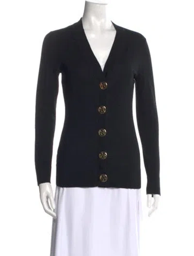 Pre-owned Tory Burch Merino Wool V-neck Sweater In Blue