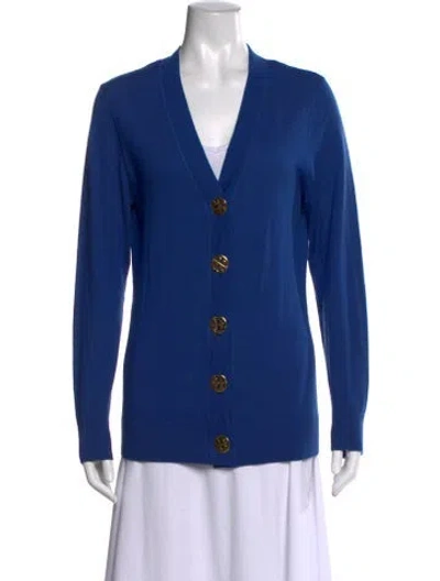 Pre-owned Tory Burch Merino Wool V-neck Sweater In Blue