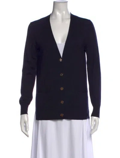 Pre-owned Tory Burch Merino Wool V-neck Sweater In Blue