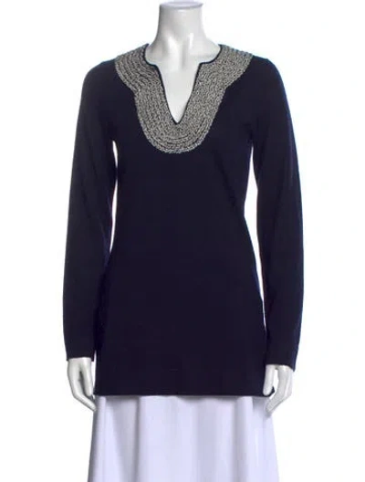 Pre-owned Tory Burch Merino Wool V-neck Sweater In Blue