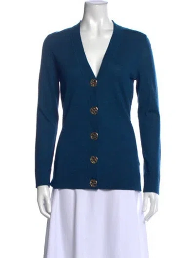 Pre-owned Tory Burch Merino Wool V-neck Sweater In Blue