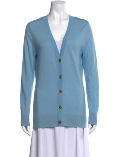 Pre-owned Tory Burch Merino Wool V-neck Sweater In Blue