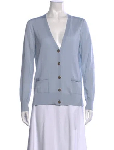 Pre-owned Tory Burch Merino Wool V-neck Sweater In Blue