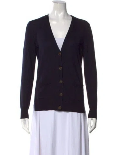 Pre-owned Tory Burch Merino Wool V-neck Sweater In Blue