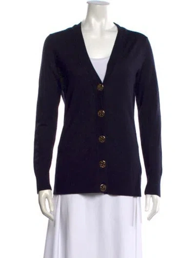 Pre-owned Tory Burch Merino Wool V-neck Sweater In Blue