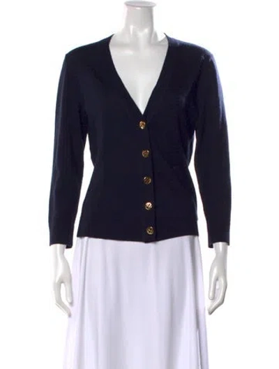 Pre-owned Tory Burch Merino Wool V-neck Sweater In Blue