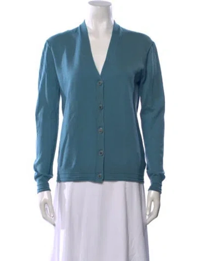 Pre-owned Tory Burch Merino Wool V-neck Sweater In Blue
