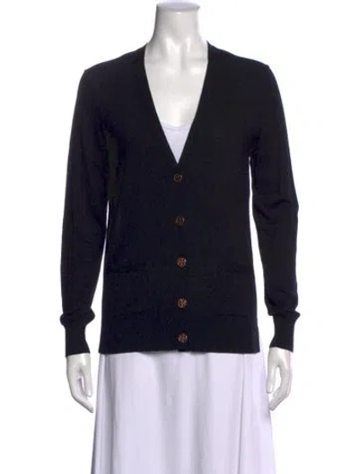 Pre-owned Tory Burch Merino Wool V-neck Sweater In Blue