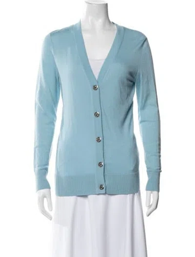 Pre-owned Tory Burch Merino Wool V-neck Sweater In Blue