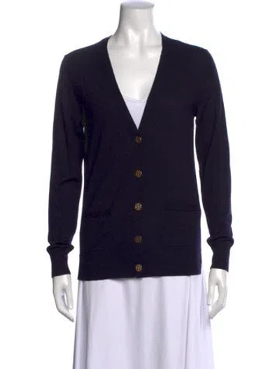 Pre-owned Tory Burch Merino Wool V-neck Sweater In Blue