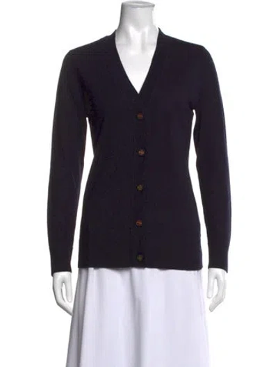 Pre-owned Tory Burch Merino Wool V-neck Sweater In Blue