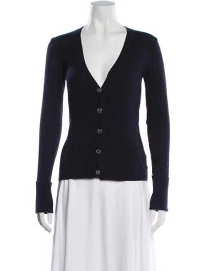 Pre-owned Tory Burch Merino Wool V-neck Sweater In Blue