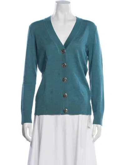 Pre-owned Tory Burch Merino Wool V-neck Sweater In Blue