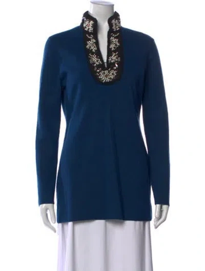 Pre-owned Tory Burch Merino Wool V-neck Sweater In Blue
