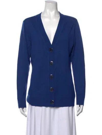 Pre-owned Tory Burch Merino Wool V-neck Sweater In Blue