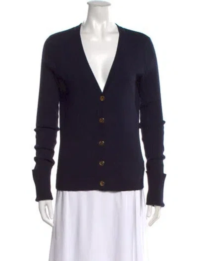 Pre-owned Tory Burch Merino Wool V-neck Sweater In Blue