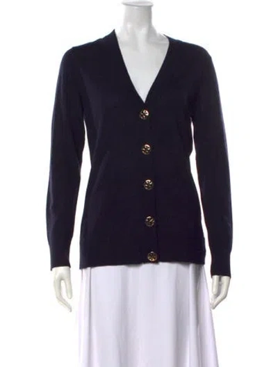 Pre-owned Tory Burch Merino Wool V-neck Sweater In Blue