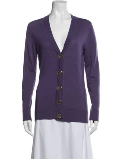 Pre-owned Tory Burch Merino Wool V-neck Sweater In Blue