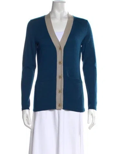 Pre-owned Tory Burch Merino Wool V-neck Sweater In Blue