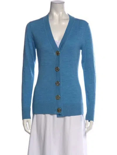 Pre-owned Tory Burch Merino Wool V-neck Sweater In Blue