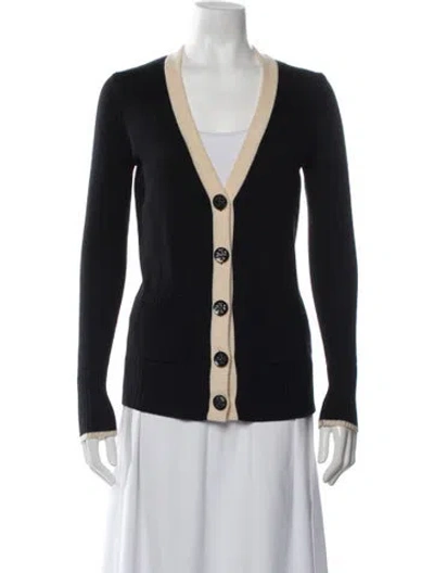 Pre-owned Tory Burch Merino Wool V-neck Sweater In Blue