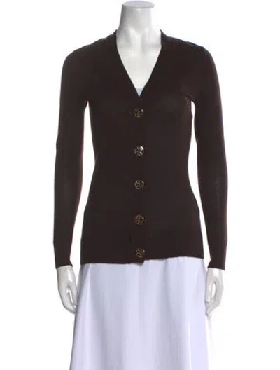 Pre-owned Tory Burch Merino Wool V-neck Sweater In Brown