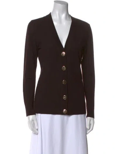 Pre-owned Tory Burch Merino Wool V-neck Sweater In Brown