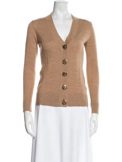 Pre-owned Tory Burch Merino Wool V-neck Sweater In Brown
