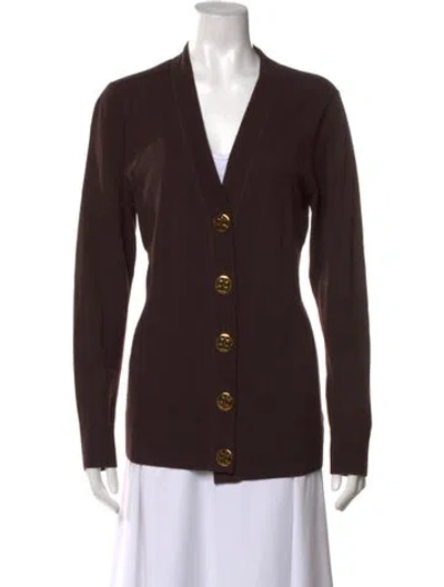 Pre-owned Tory Burch Merino Wool V-neck Sweater In Brown