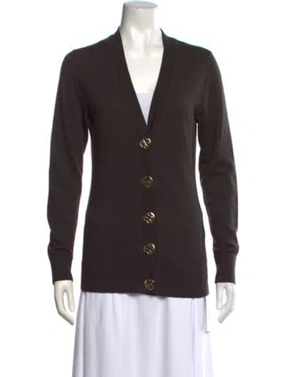 Pre-owned Tory Burch Merino Wool V-neck Sweater In Brown