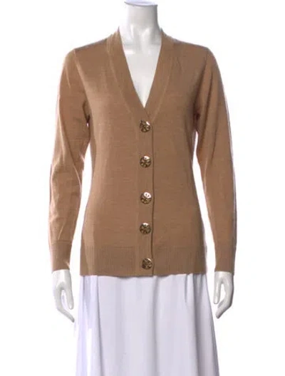 Pre-owned Tory Burch Merino Wool V-neck Sweater In Brown