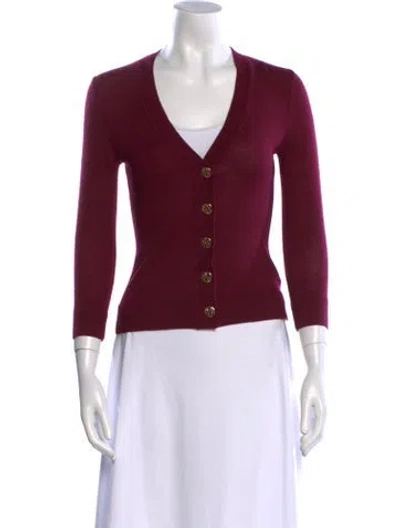 Pre-owned Tory Burch Merino Wool V-neck Sweater In Burgundy