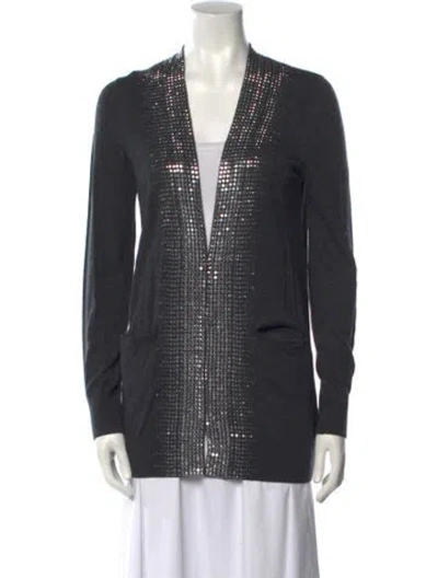 Pre-owned Tory Burch Merino Wool V-neck Sweater In Gray