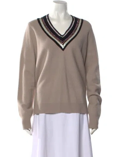 Pre-owned Tory Burch Merino Wool V-neck Sweater In Gray