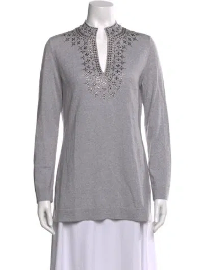 Pre-owned Tory Burch Merino Wool V-neck Sweater In Gray