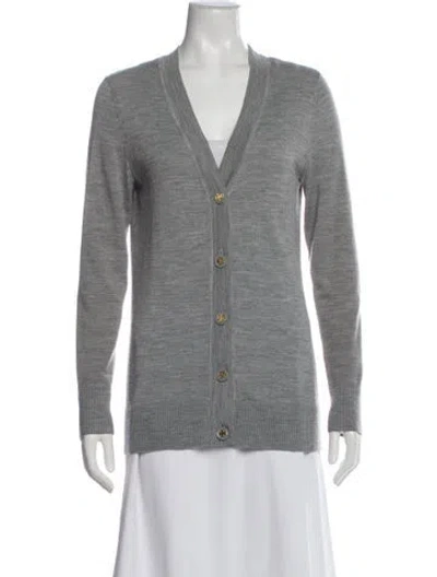 Pre-owned Tory Burch Merino Wool V-neck Sweater In Gray
