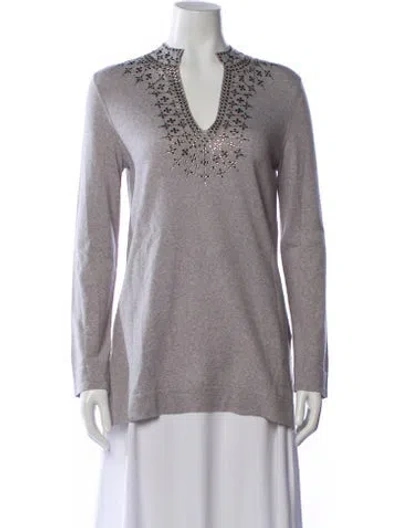 Pre-owned Tory Burch Merino Wool V-neck Sweater In Gray