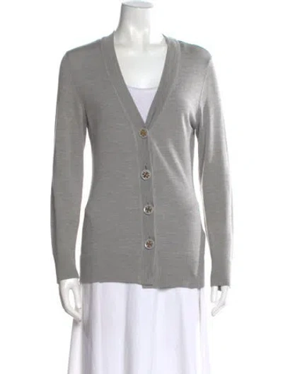 Pre-owned Tory Burch Merino Wool V-neck Sweater In Gray