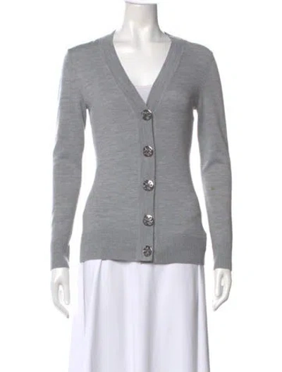Pre-owned Tory Burch Merino Wool V-neck Sweater In Gray