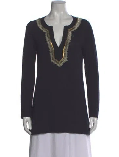 Pre-owned Tory Burch Merino Wool V-neck Sweater In Gray
