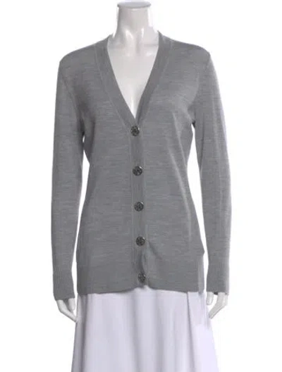 Pre-owned Tory Burch Merino Wool V-neck Sweater In Gray