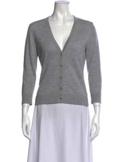 Pre-owned Tory Burch Merino Wool V-neck Sweater In Gray